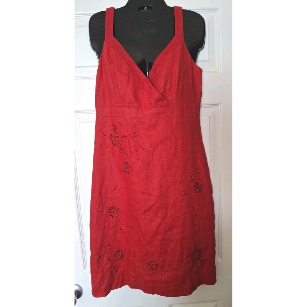 Donna Morgan Linen Sheath Dress Floral Eyelet Size 8 Sweatheart Neck Artisanal